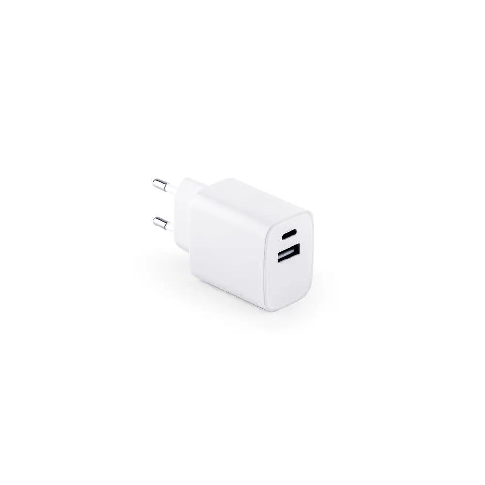 Adaptador de corrente com porta USB-A 18W e USB-C 20W em ABS 100% reciclado