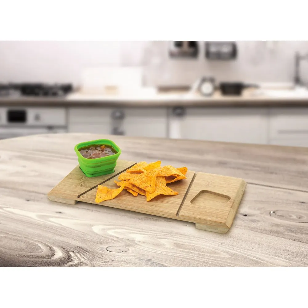 Base de mesa em bambu com 2 potes retráteis em silicone