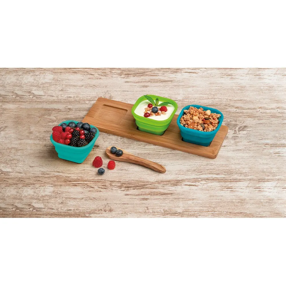 Base de mesa em bambu com 3 potes em silicone