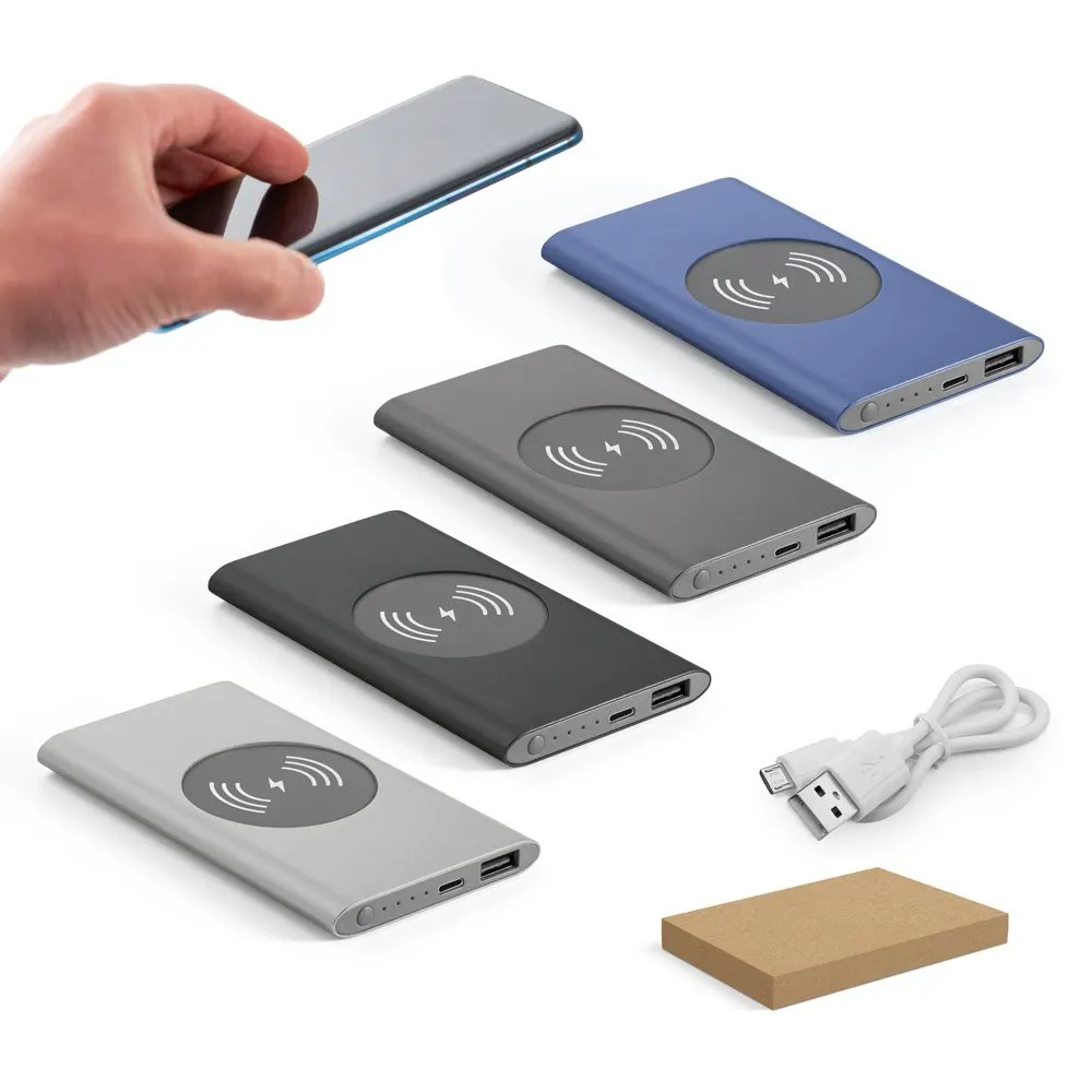Bateria portátil com carregador wireless em alumínio 100% reciclado e capacidade de 4’000 mAh