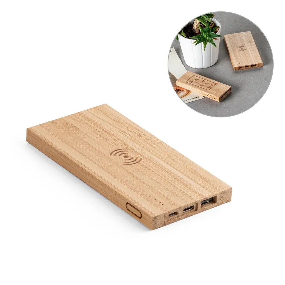 Bateria portátil com carregador wireless super-rápido em bambu 5’000 mAh