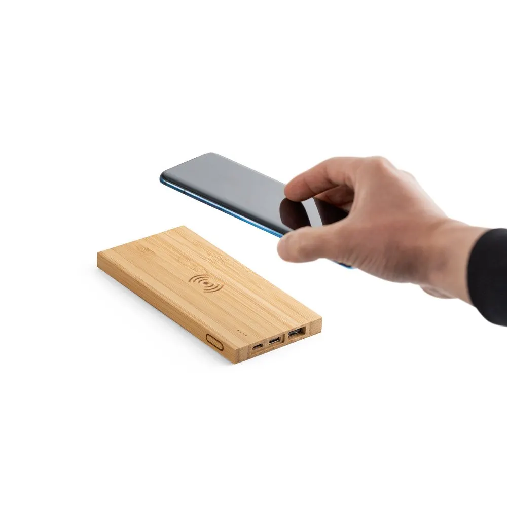 Bateria portátil com carregador wireless super-rápido em bambu 5’000 mAh