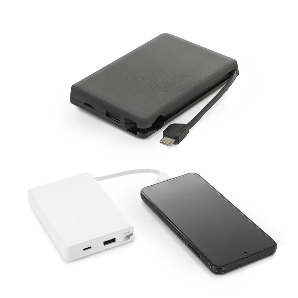 Bateria portátil em ABS 100% reciclado, com cabo integrado e capacidade de 10’000 mAh