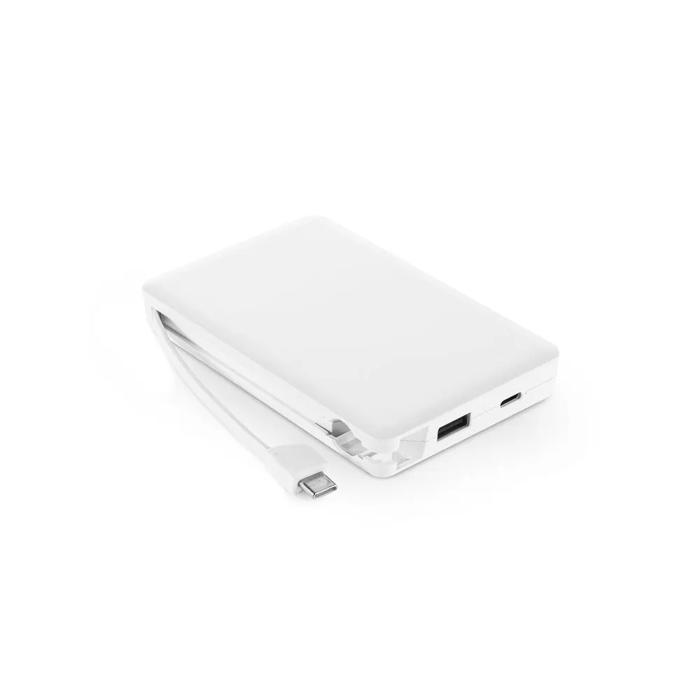 Bateria portátil em ABS 100% reciclado, com cabo integrado e capacidade de 10’000 mAh