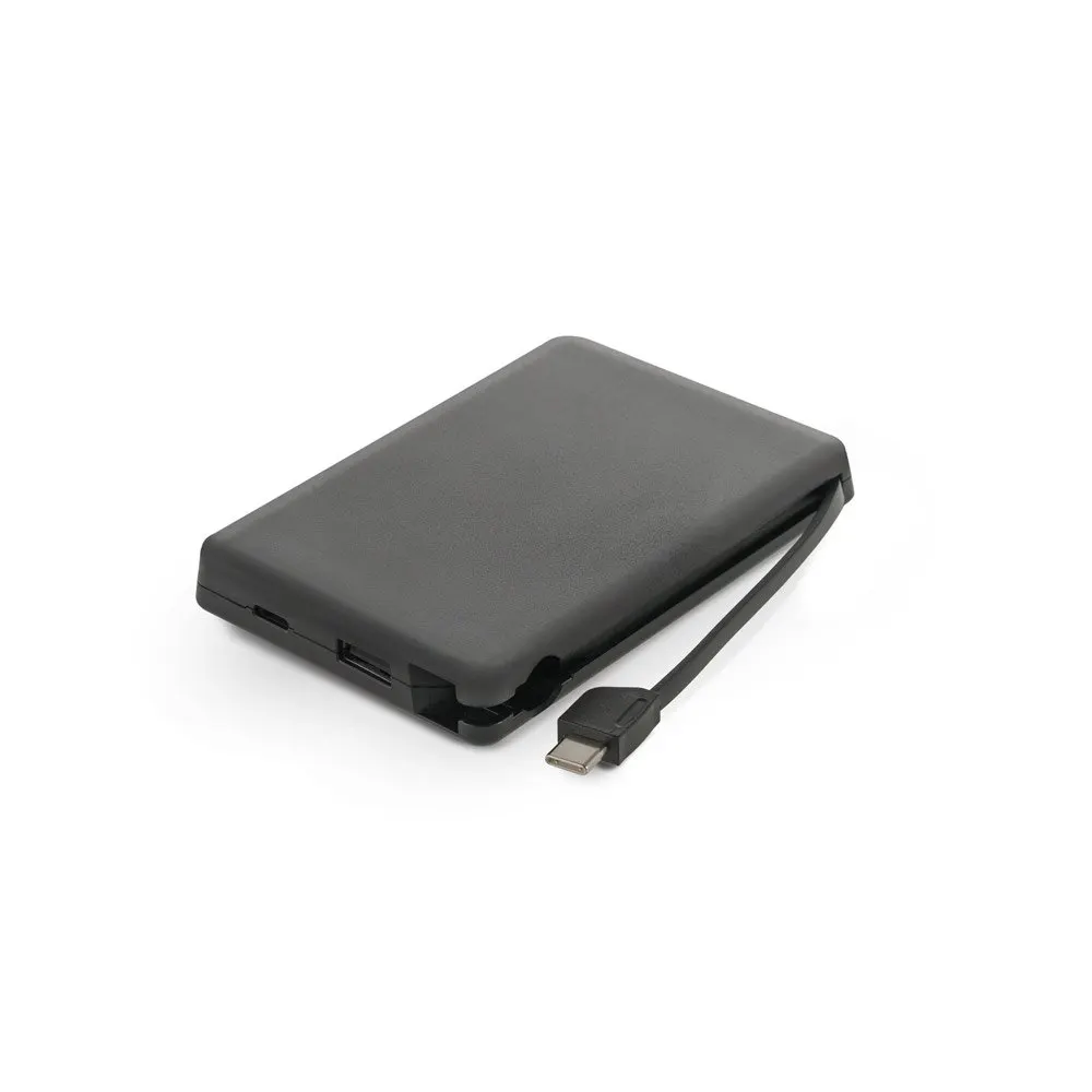 Bateria portátil em ABS 100% reciclado, com cabo integrado e capacidade de 10’000 mAh