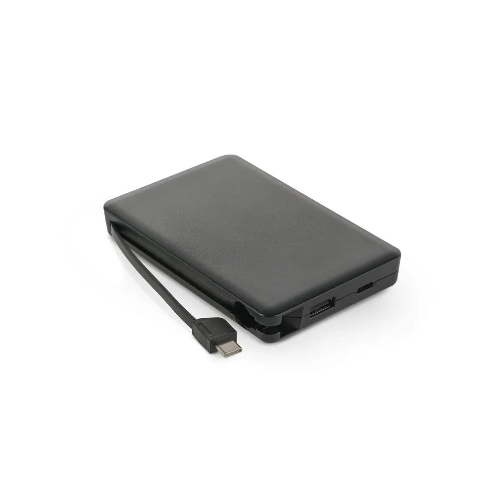 Bateria portátil em ABS 100% reciclado, com cabo integrado e capacidade de 10’000 mAh