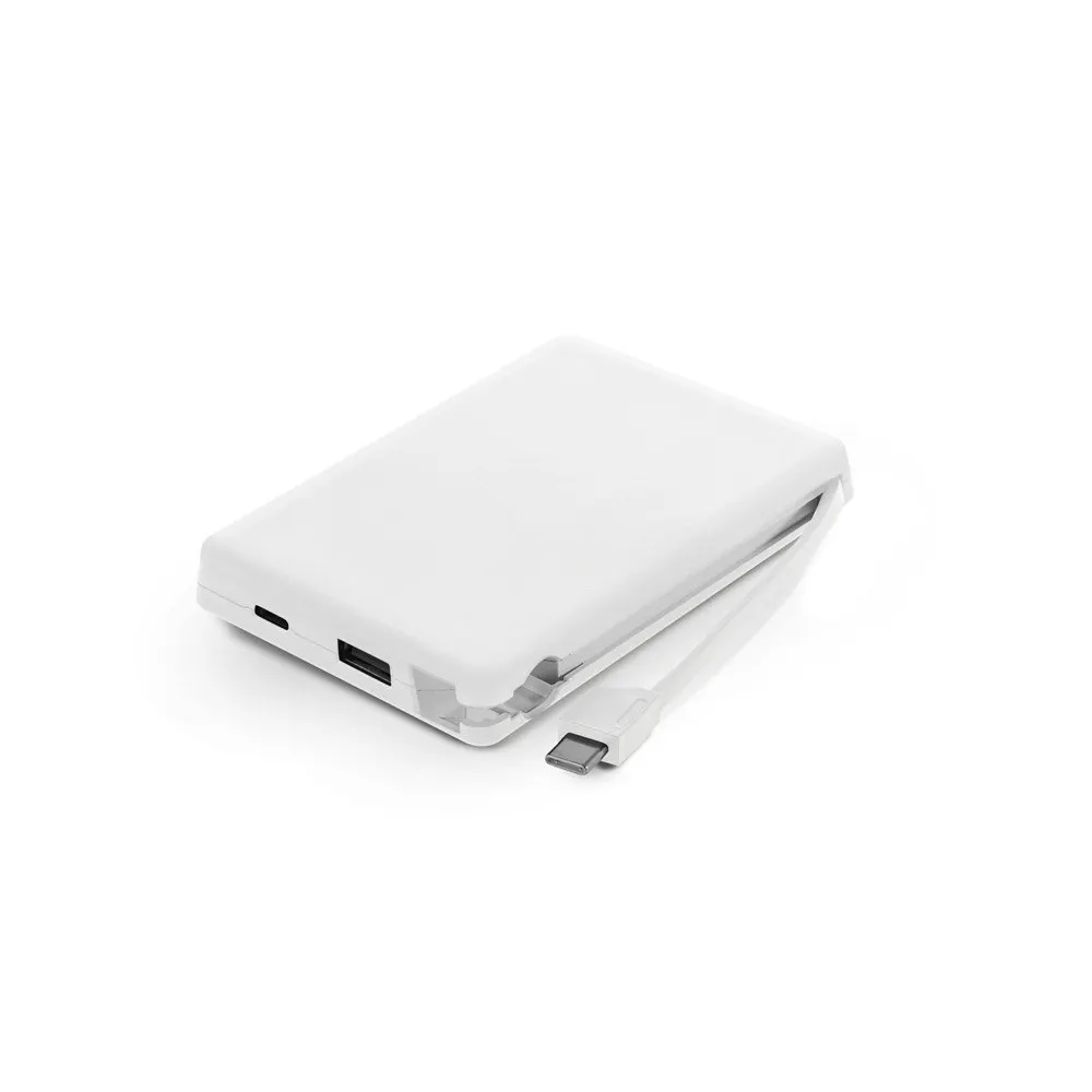 Bateria portátil em ABS 100% reciclado, com cabo integrado e capacidade de 10’000 mAh