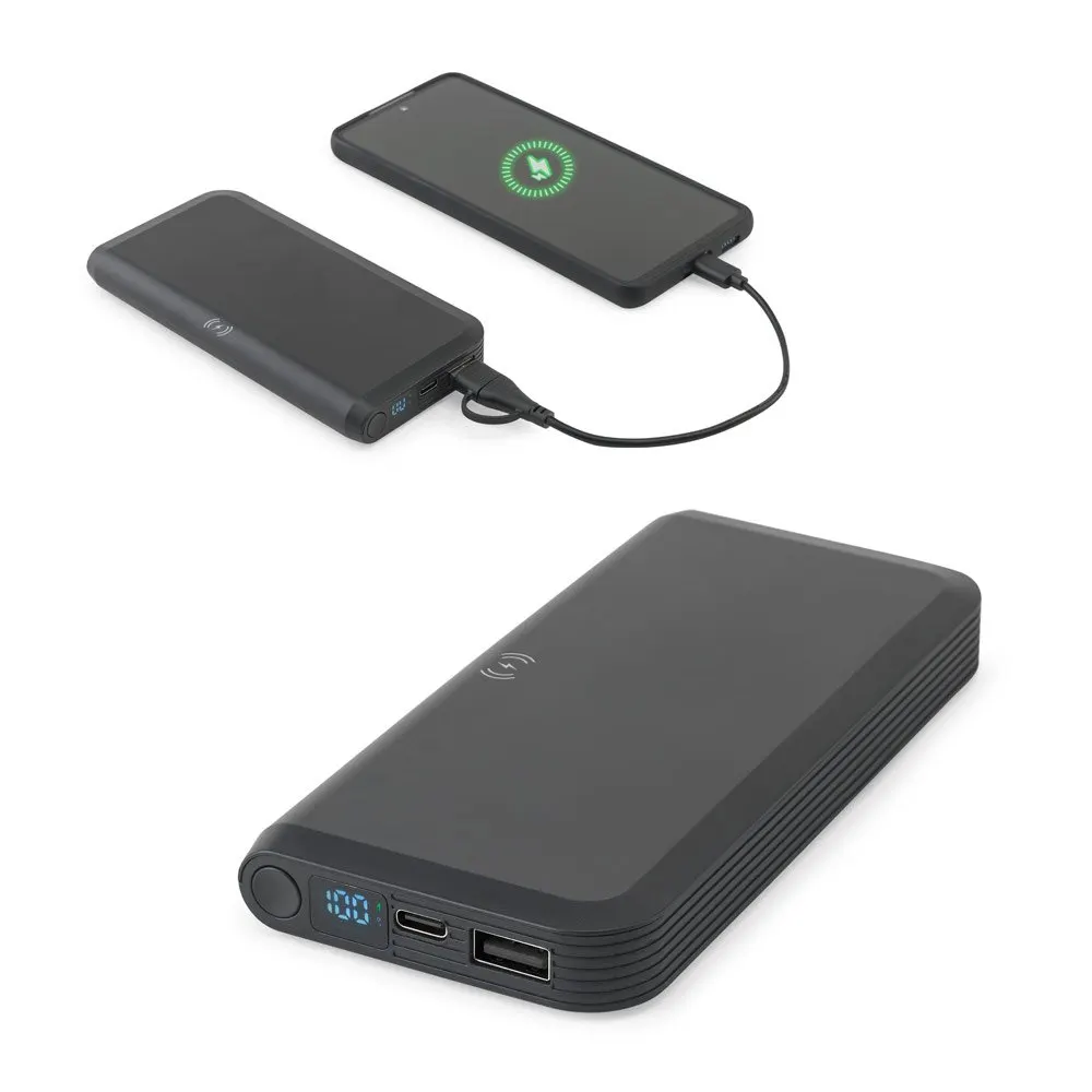 Bateria portátil em ABS 100% reciclado com carregador wireless super-rápido 15W e capacidade de 10’000 mAh