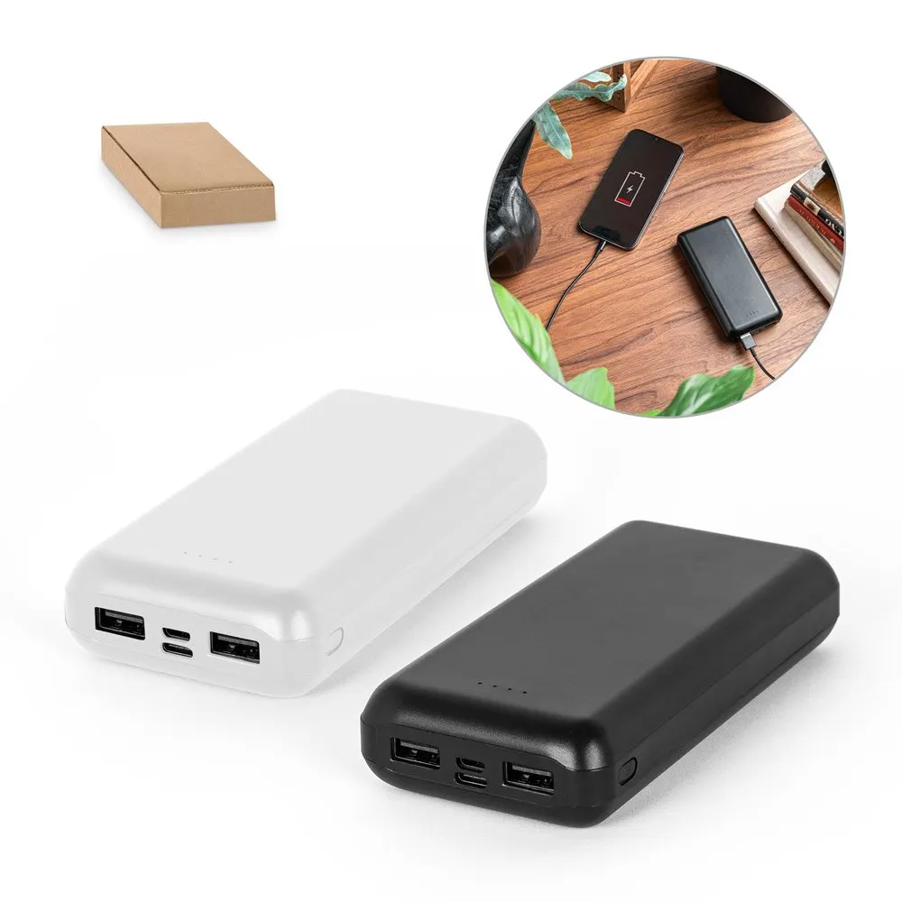 Bateria portátil em ABS 100% reciclado e capacidade de 20’000 mAh
