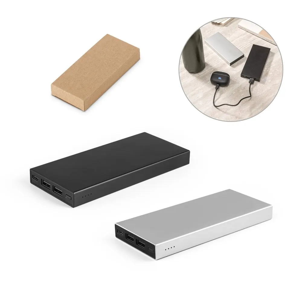 Bateria portátil em alumínio 100% reciclado e bateria em lítio com capacidade de 10’000 mAh
