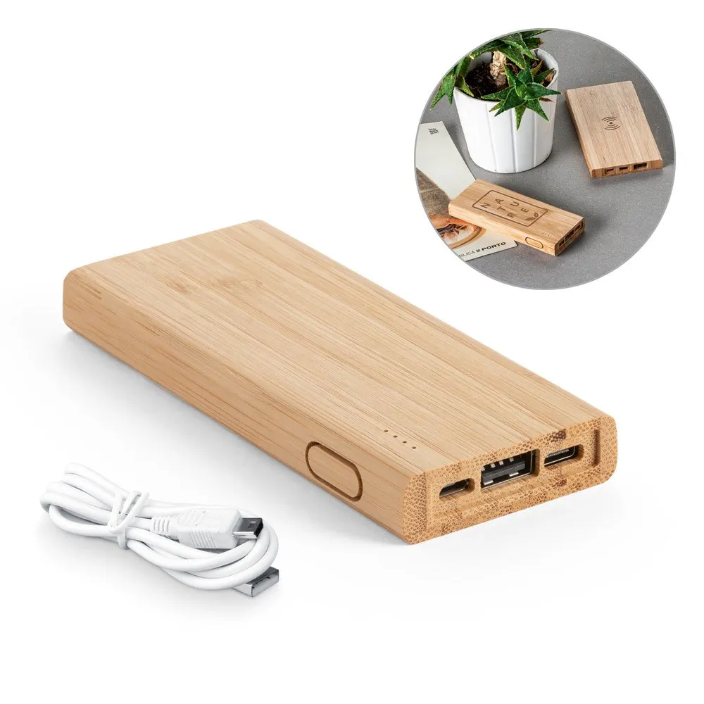 Bateria portátil em bambu com bateria de lítio 5’000 mAh