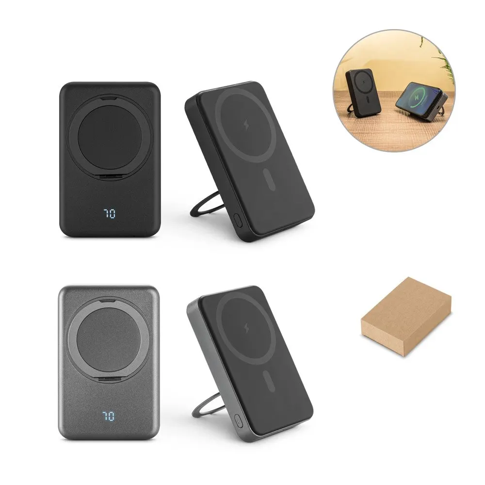 Bateria portátil magnética em ABS 100% reciclado com suporte, carregador wireless super-rápido 15W e capacidade de 10’000 mAh