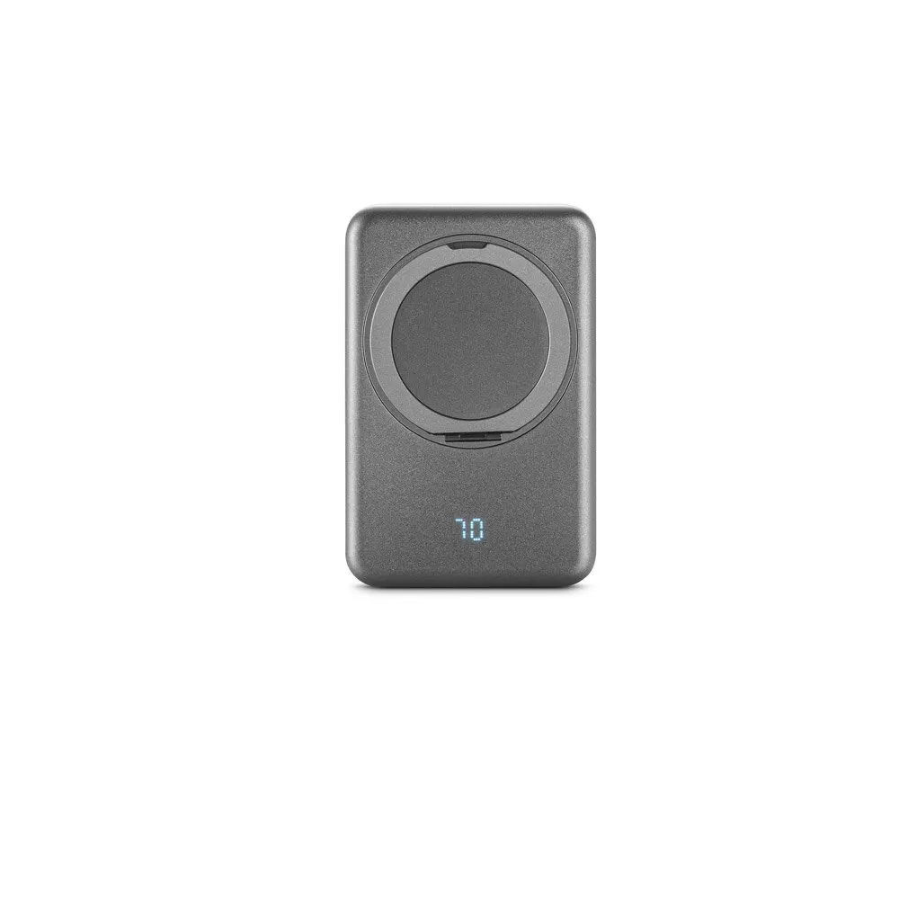 Bateria portátil magnética em ABS 100% reciclado com suporte, carregador wireless super-rápido 15W e capacidade de 10’000 mAh