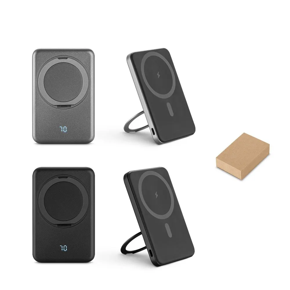 Bateria portátil magnética em ABS 100% reciclado com suporte, carregador wireless super-rápido 15W e capacidade de 5’000 mAh