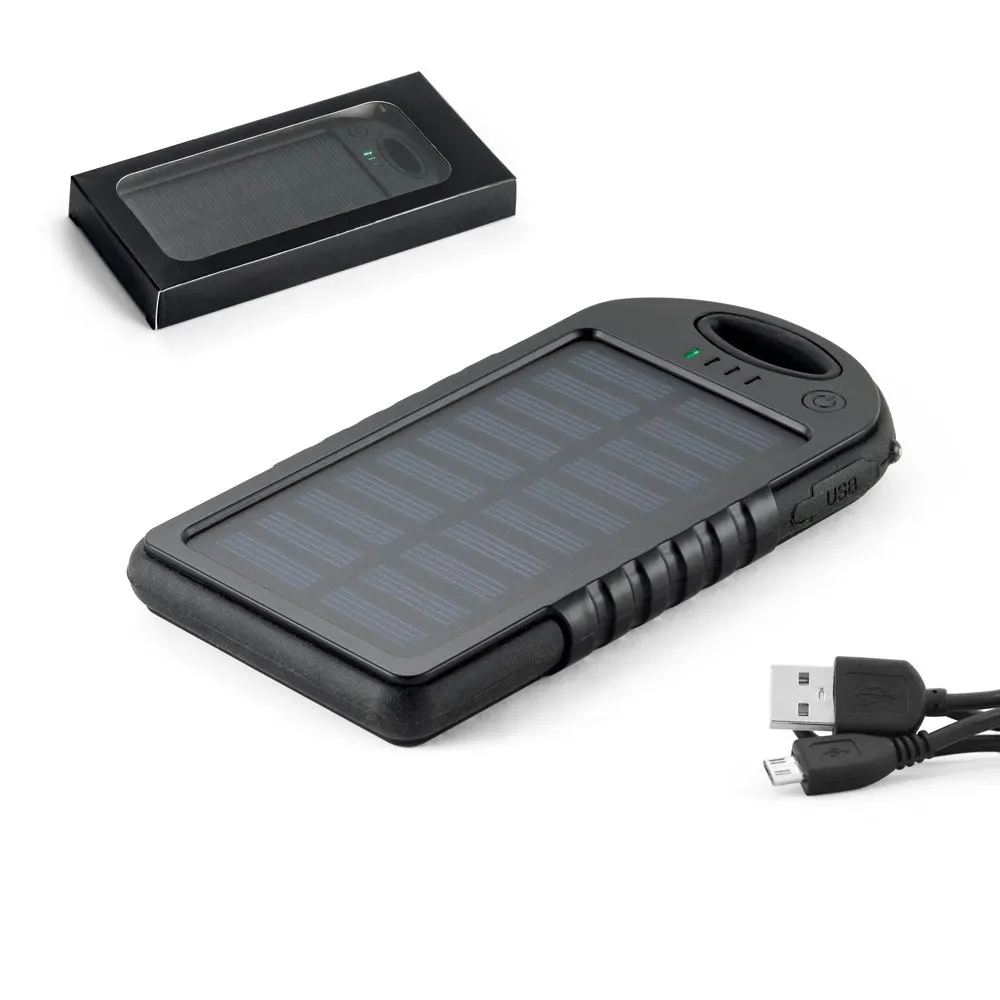 Bateria portátil solar em ABS com painel solar, LED e capacidade de 2’000 mAh