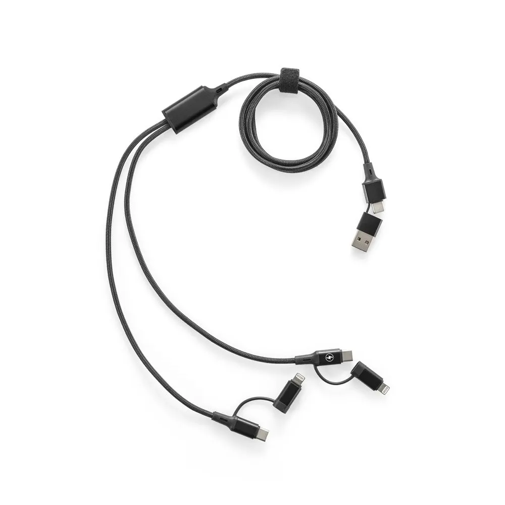 Cabo USB super-rápido 6 em 1 em alumínio 20% reciclado e PET 4% reciclado, permitindo a tranferência de dados