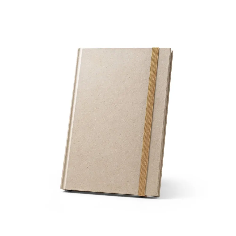 Caderno A5 de capa dura em papel à base de cana-de-açúcar (80% polpa da cana-de-açúcar) com 160 páginas pautadas