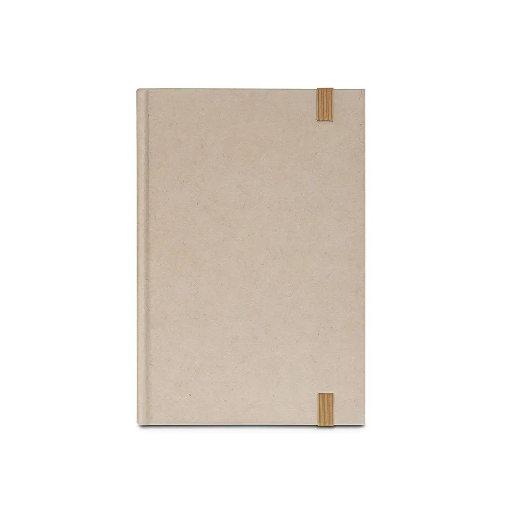 Caderno A5 de capa dura em papel à base de cana-de-açúcar (80% polpa da cana-de-açúcar) com 160 páginas pautadas