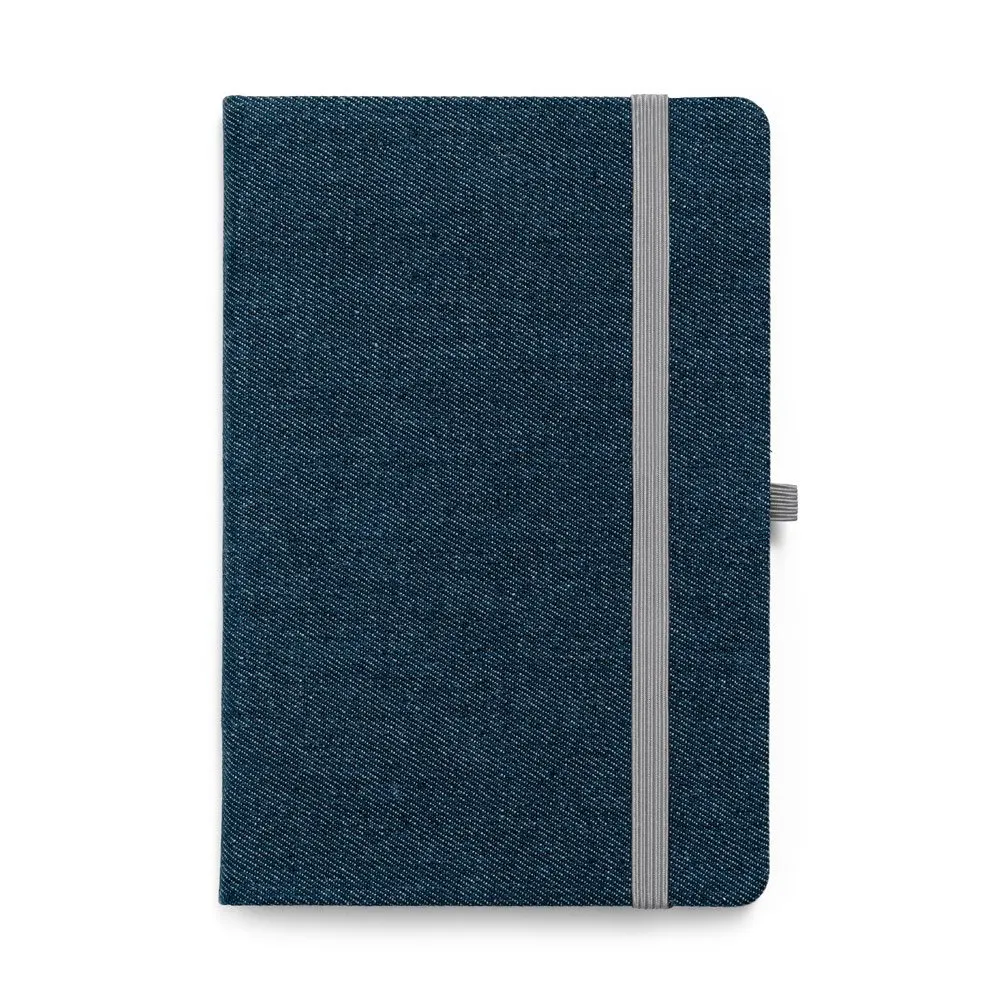Caderno A5 de capa dura em tecido tipo jeans com 160 páginas pautadas