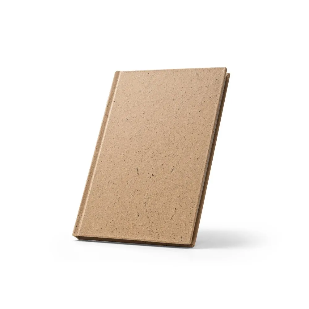 Caderno A5 em casca de coco (60%) e trapos de algodão (40%) com folhas pautadas, com 160 páginas pautadas recicldas