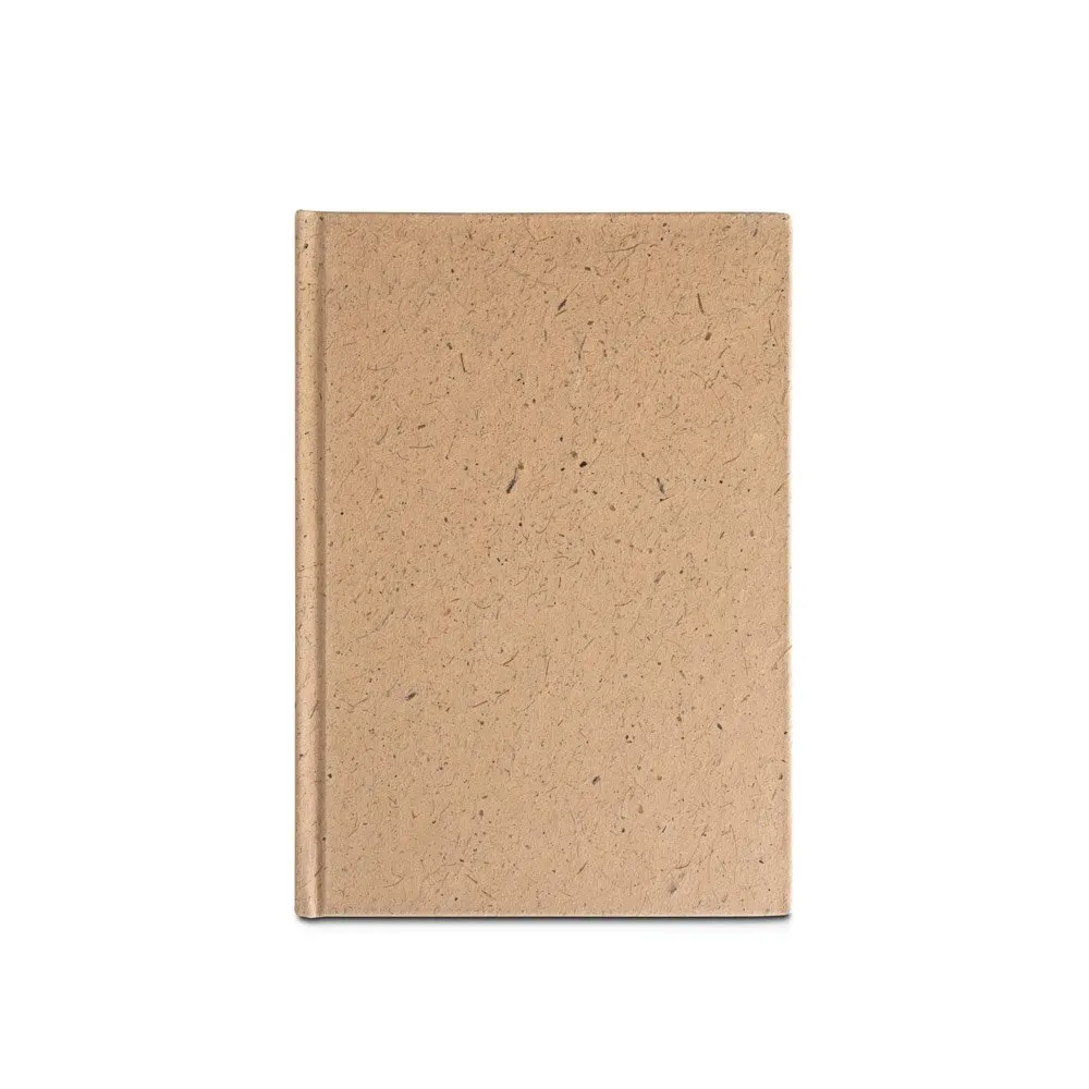 Caderno A5 em casca de coco (60%) e trapos de algodão (40%) com folhas pautadas, com 160 páginas pautadas recicldas