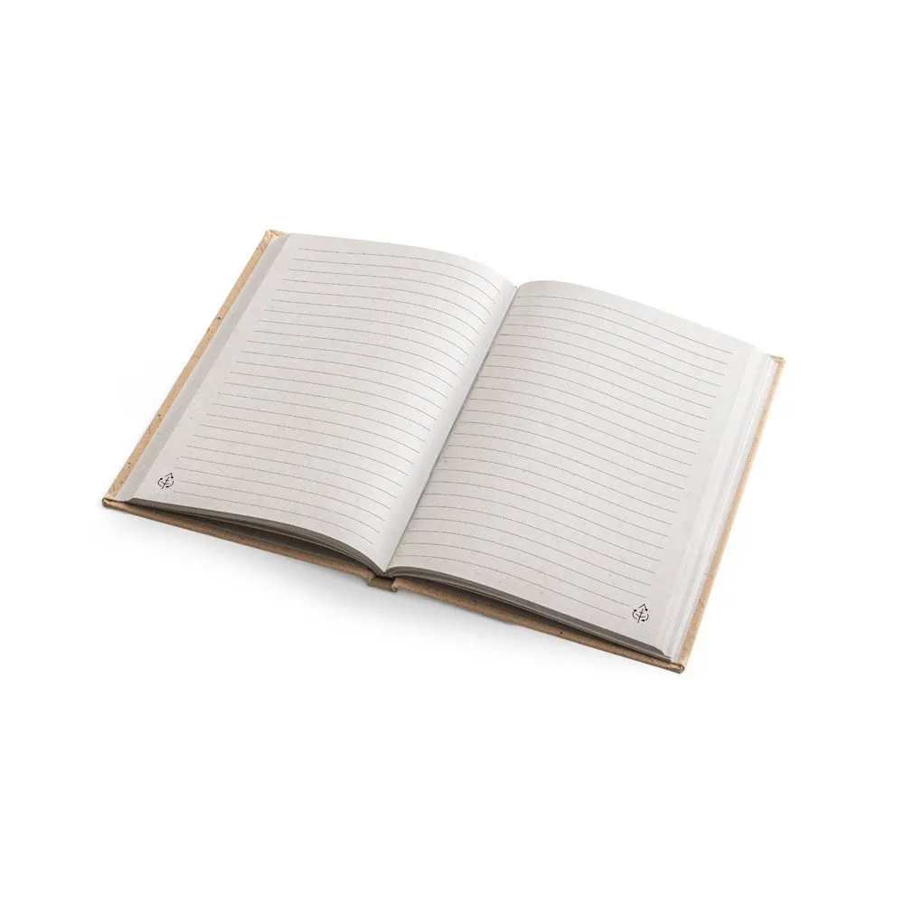 Caderno A5 em casca de coco (60%) e trapos de algodão (40%) com folhas pautadas, com 160 páginas pautadas recicldas