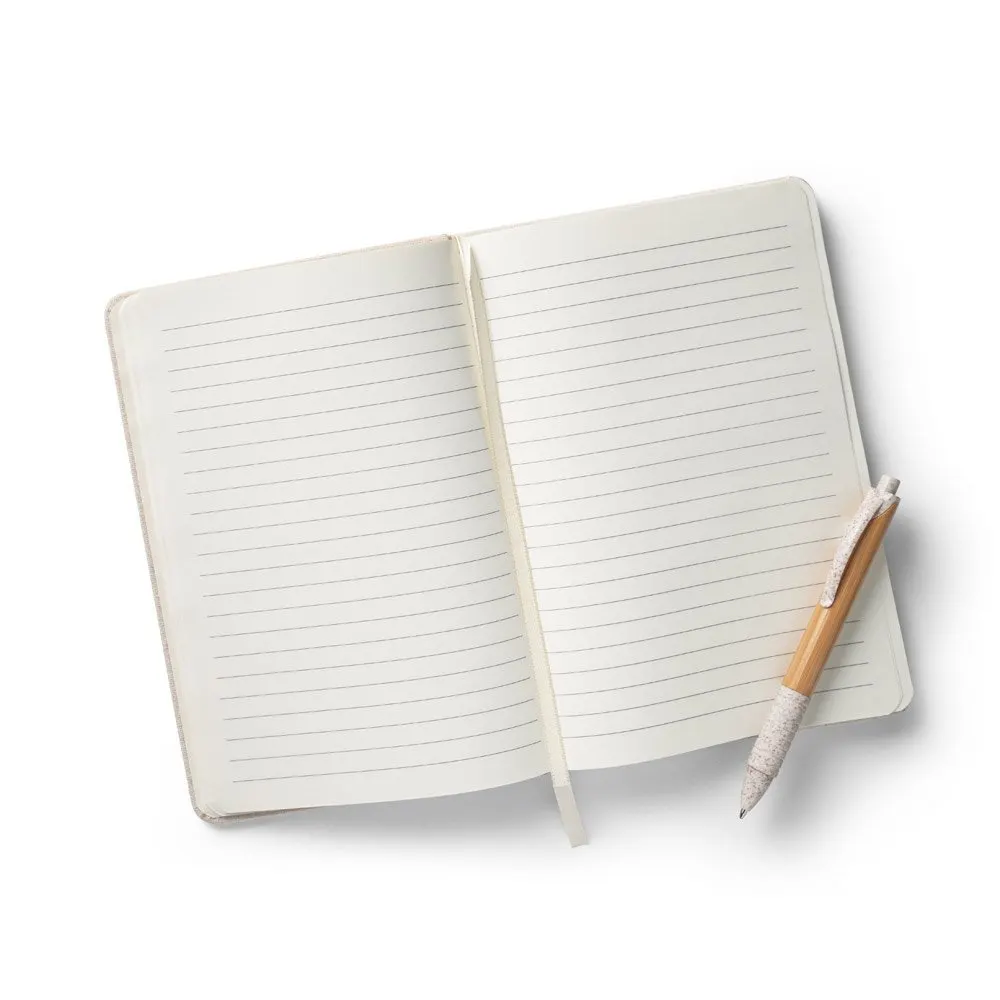 Caderno A5 em linho de capa dura com 192 páginas pautadas (230 g/m²)
