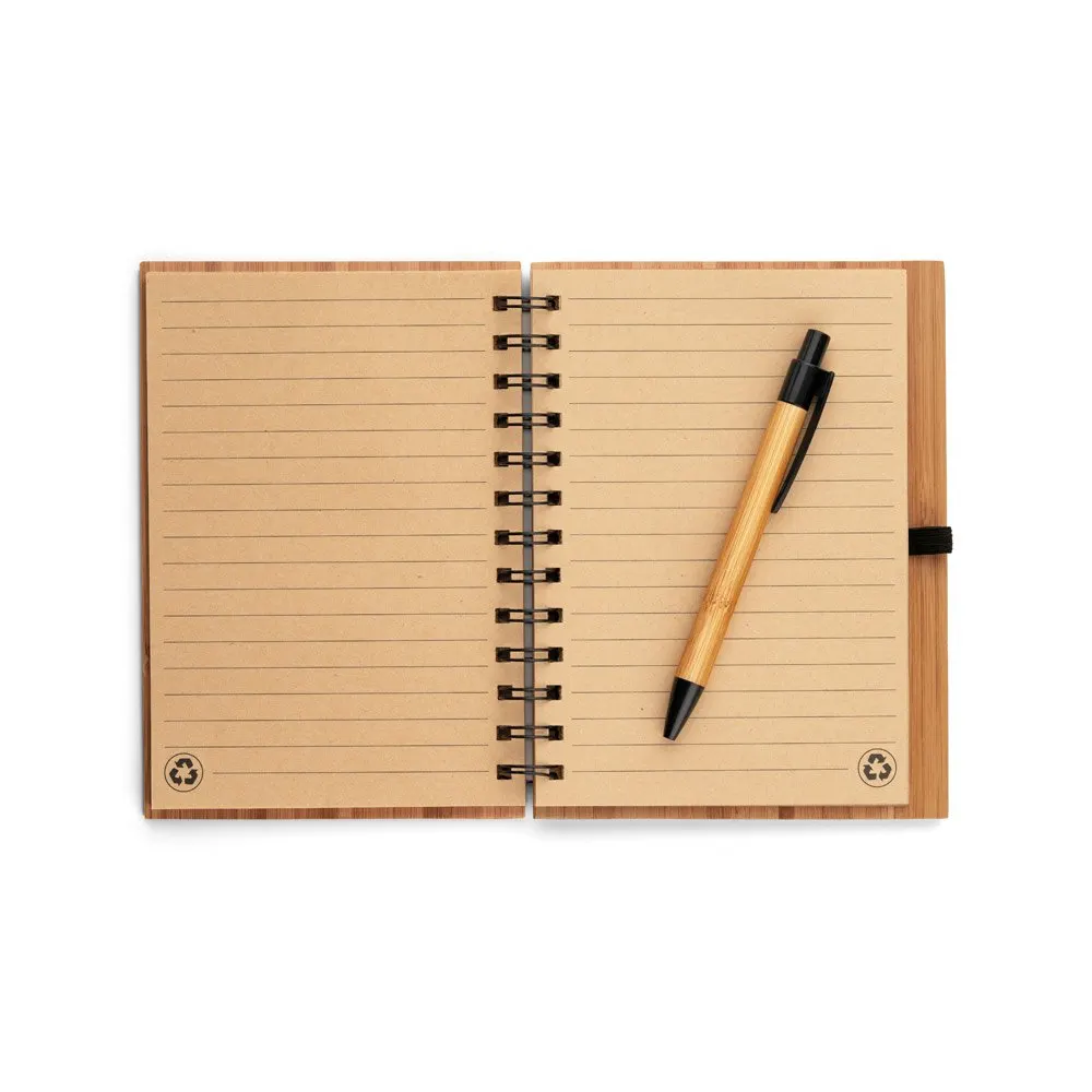 Caderno A5 espiral de capa dura em bambu com 140 páginas pautadas