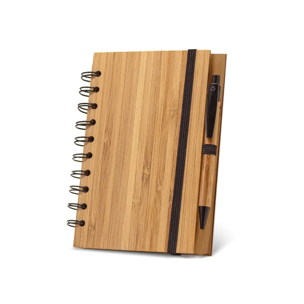 Caderno A5 espiral de capa dura em bambu com 140 páginas pautadas