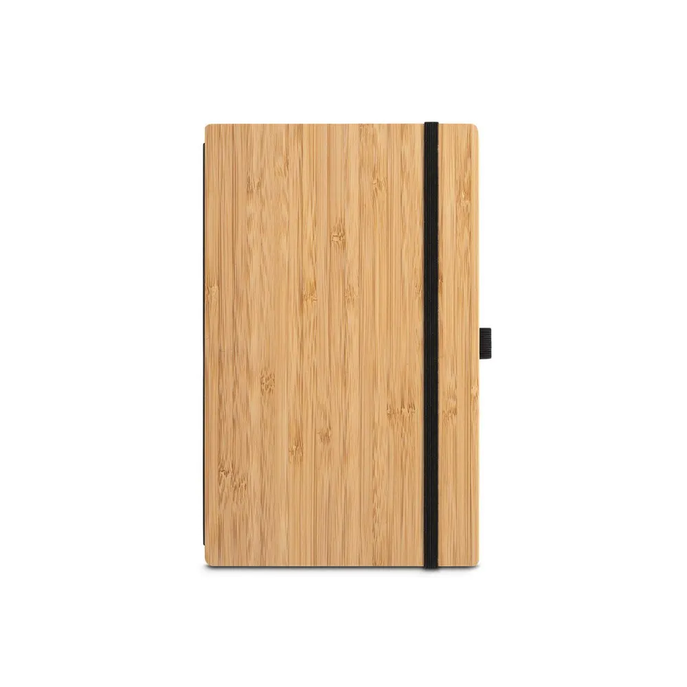 Caderno de bolso com capa e contracapa em placa de bambu e lombada em PET 100% reciclado, com 160 páginas lisas