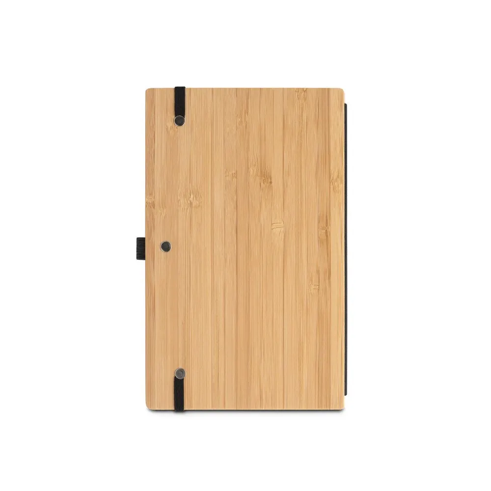 Caderno de bolso com capa e contracapa em placa de bambu e lombada em PET 100% reciclado, com 160 páginas lisas