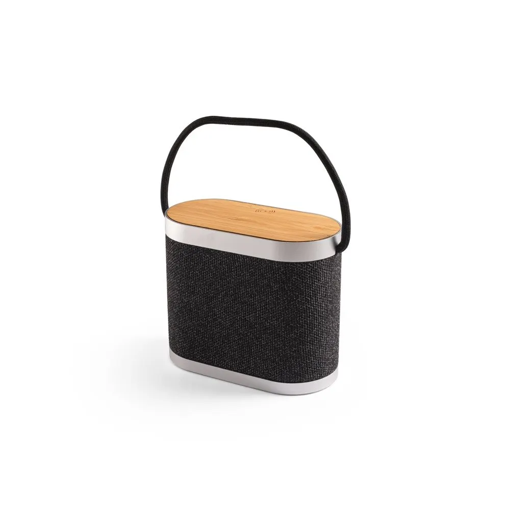 Caixa de som de 15W com carregador wireless super-rápido 15W e 2h de autonomia em bambu e PET 100% reciclado