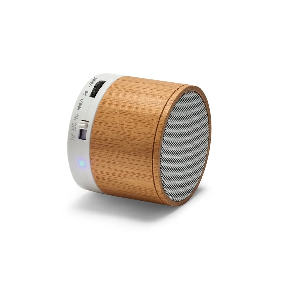 Caixa de som em bambu com microfone