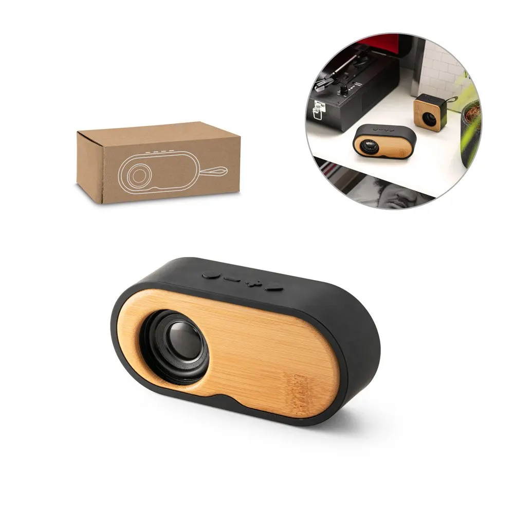 Caixa de som portátil em bambu e ABS 100% reciclado com autonomia de 5h