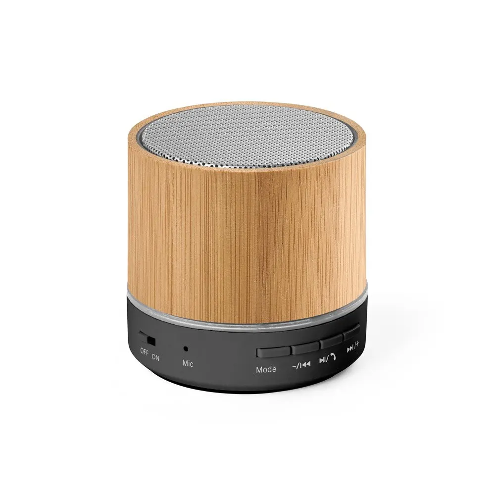Caixa de som portátil em bambu e ABS 100% reciclado com microfone e autonomia de 4h30