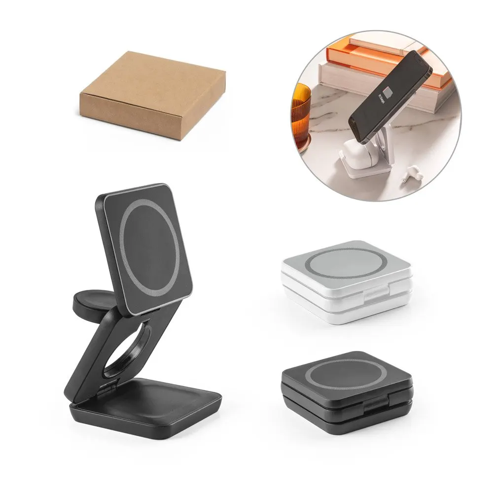Carregador magnético wireless super-rápido dobrável em ABS 100% reciclado que permite carregar três dispositivos simultaneamente
