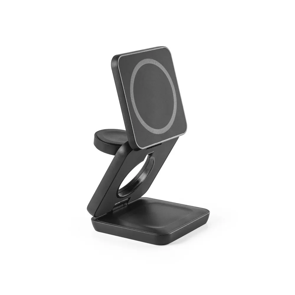 Carregador magnético wireless super-rápido dobrável em ABS 100% reciclado que permite carregar três dispositivos simultaneamente