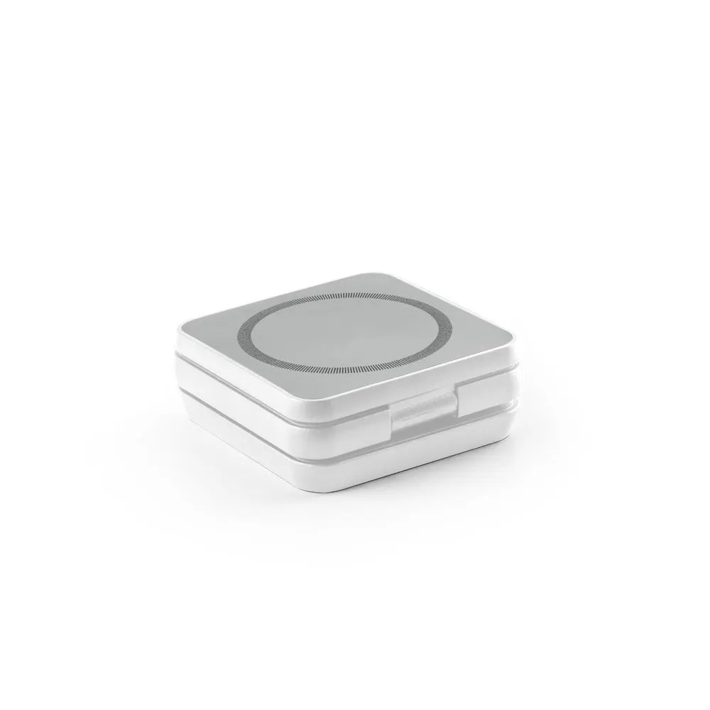 Carregador magnético wireless super-rápido dobrável em ABS 100% reciclado que permite carregar três dispositivos simultaneamente
