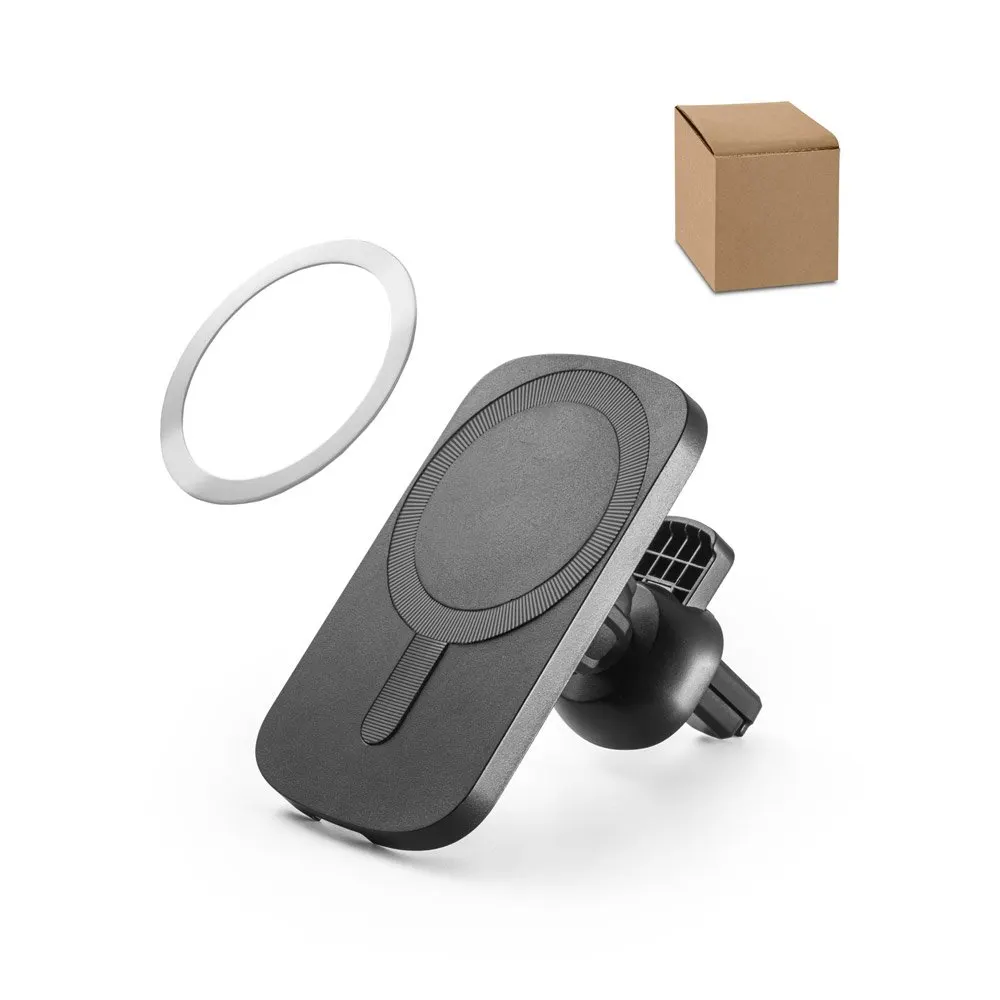 Carregador magnético wireless super-rápido em ABS 60% reciclado e silicone com a funcionalidade de suporte para carro