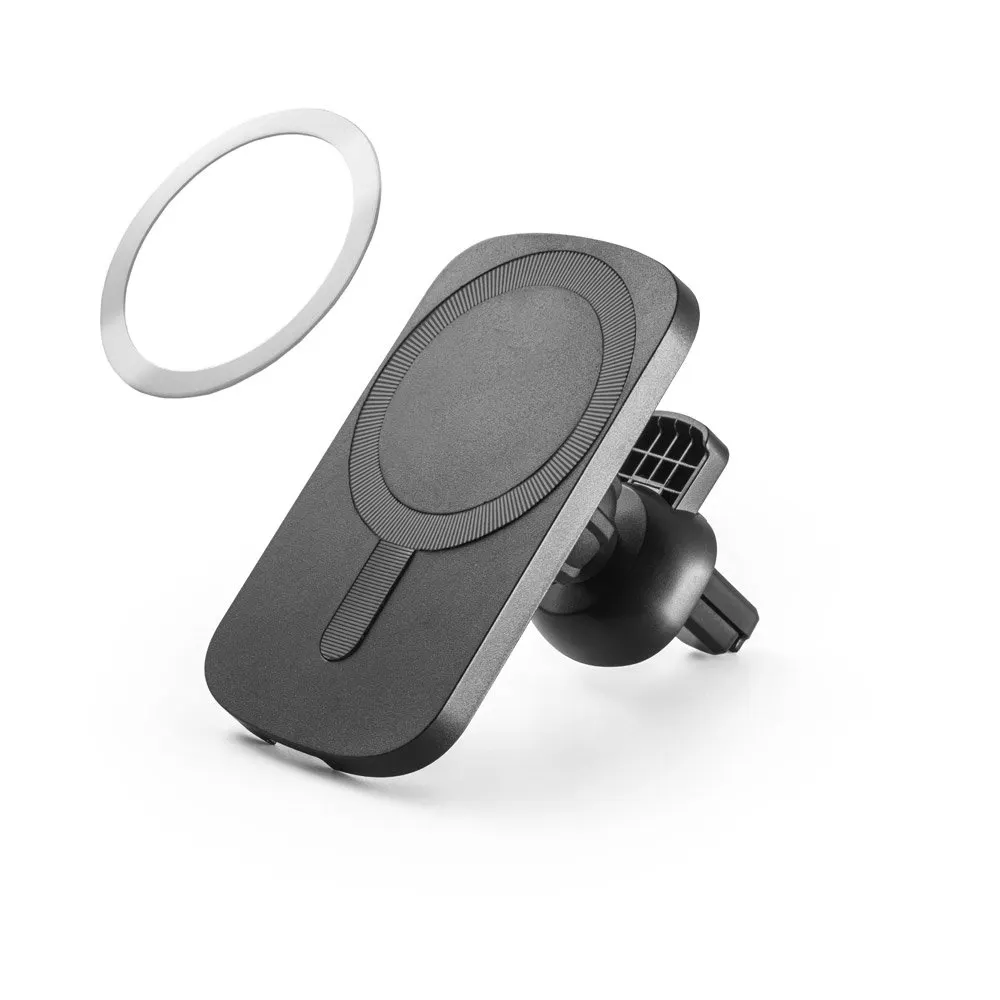 Carregador magnético wireless super-rápido em ABS 60% reciclado e silicone com a funcionalidade de suporte para carro