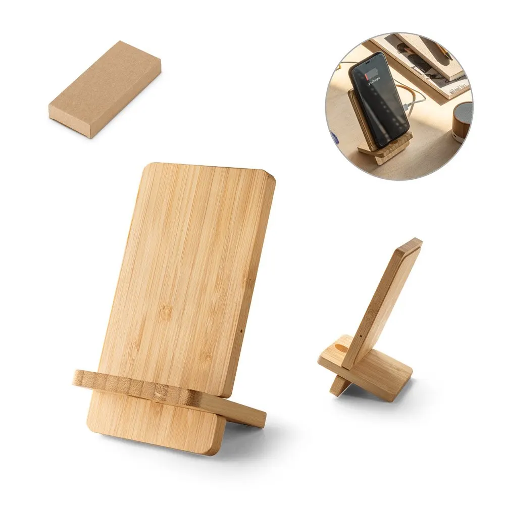 Carregador wireless super-rápido e suporte em bambu para smartphone 15 W