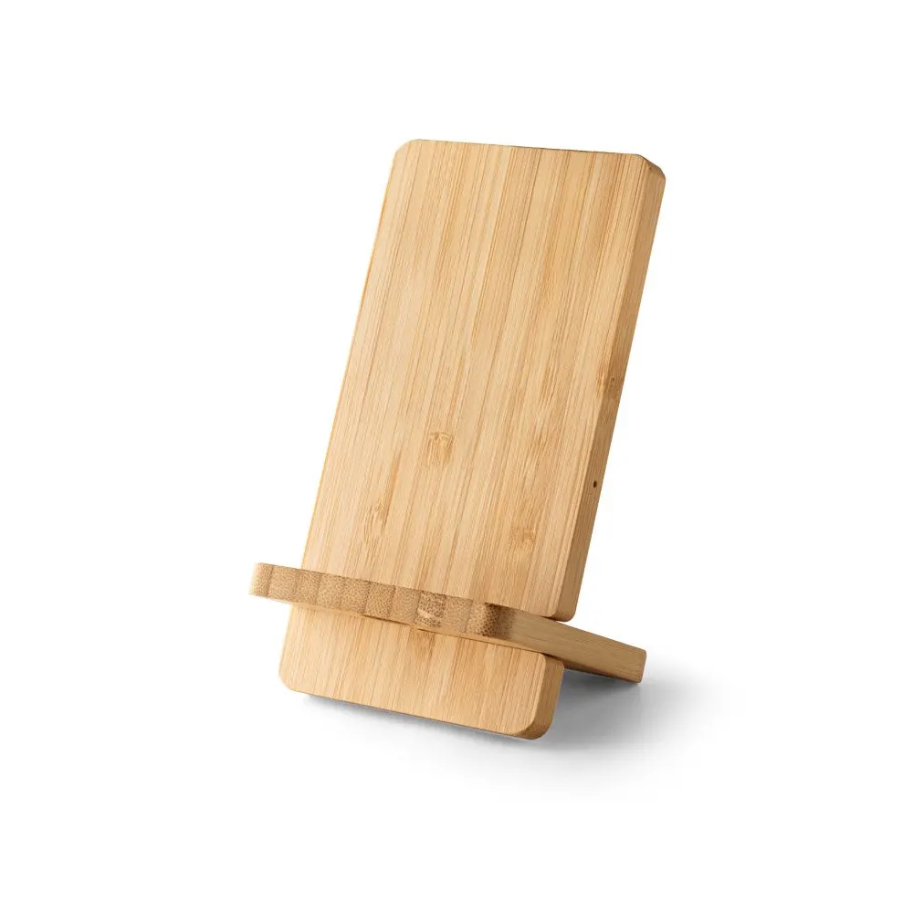 Carregador wireless super-rápido e suporte em bambu para smartphone 15 W