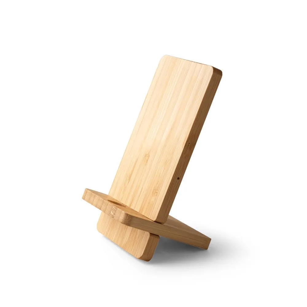 Carregador wireless super-rápido e suporte em bambu para smartphone 15 W