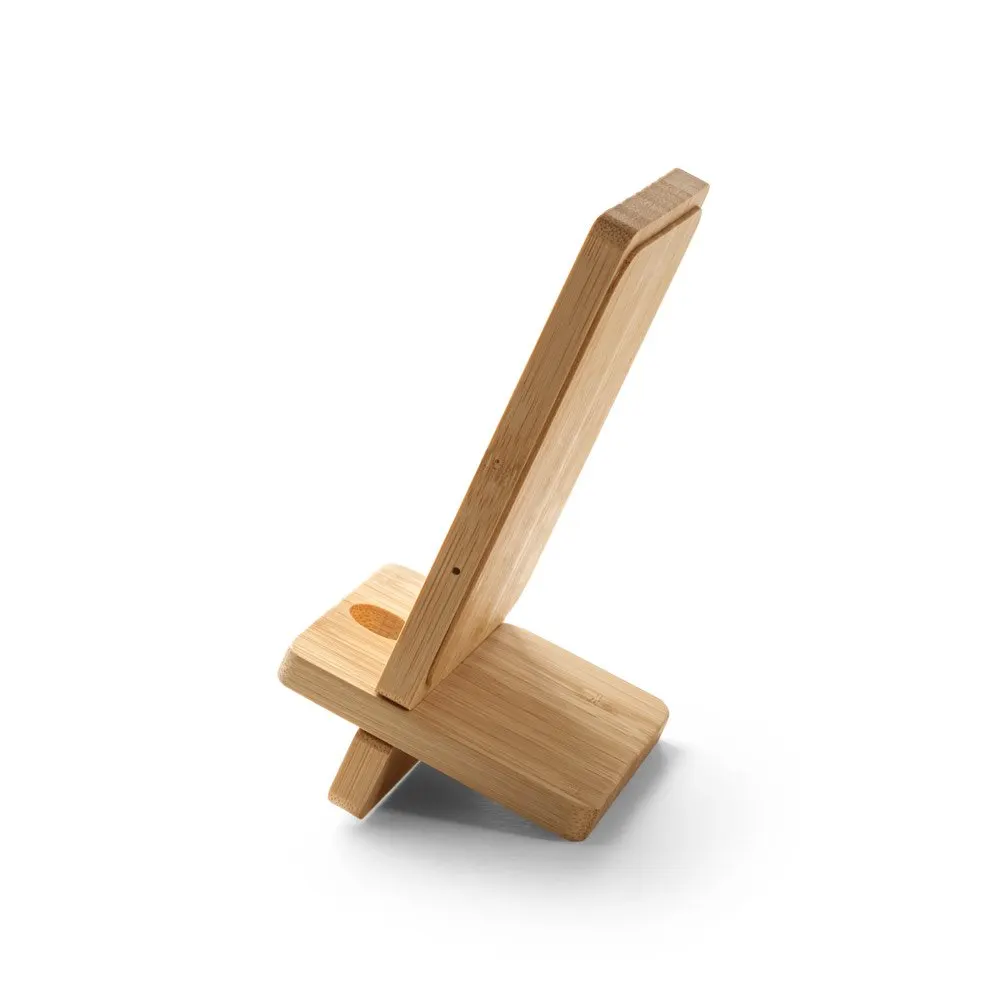 Carregador wireless super-rápido e suporte em bambu para smartphone 15 W