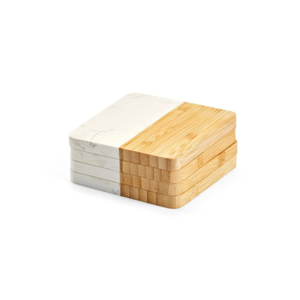 Conjunto de 4 porta copos em mármore e bambu
