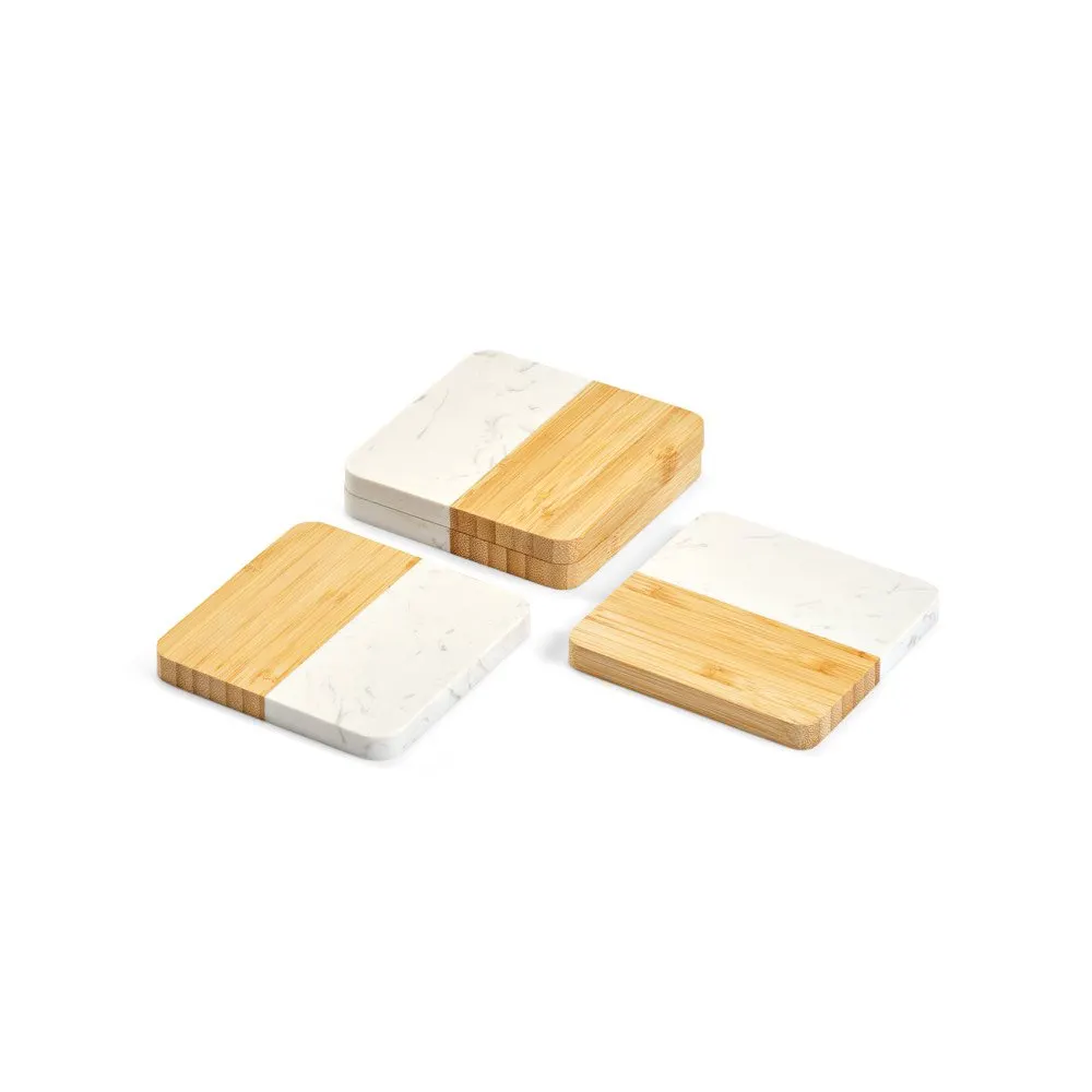 Conjunto de 4 porta copos em mármore e bambu