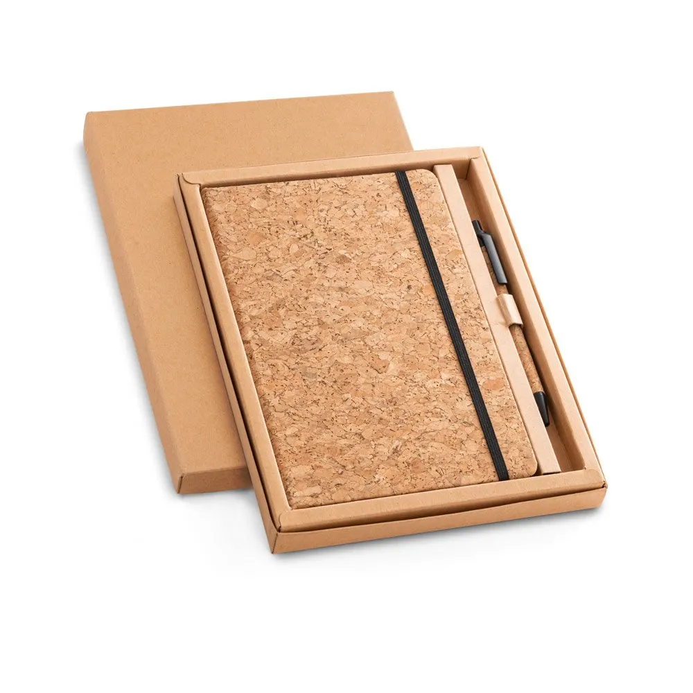 Conjunto de bloco de notas e esferográfica em cortiça