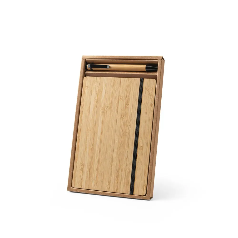 Conjunto de caderno A5 em bambu com 192 páginas pautadas e esferográfica em bambu