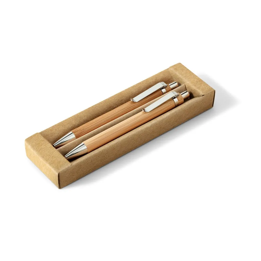 Conjunto de esferográfica com escrita em azul e lapiseira, ambas em bambu