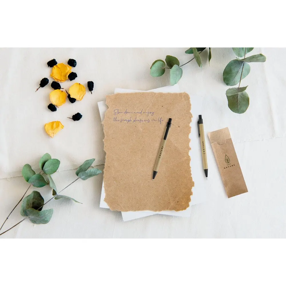 Conjunto de esferográfica com escrita em azul e lapiseira em papel kraft